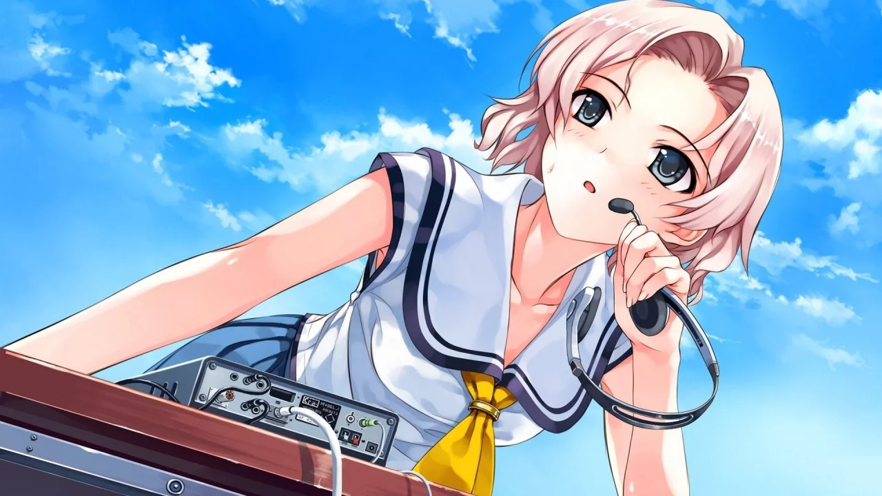 deep blue sky pure white things, аниме, девушка, микрофон, наушники