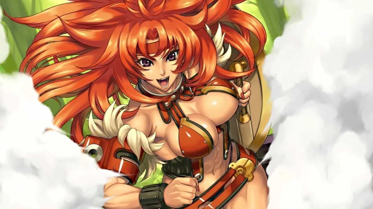 девушка, грудь, улыбка, рыжая, queens blade, сиськи, меч