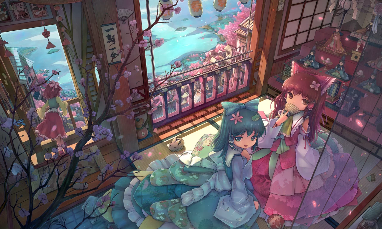 веер, сакура, фонари, девочки, дом, touhou, балкон, цветы, подруги, комната