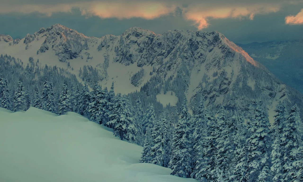 вечер, лес, пейзажи, закат, зима, сумерки, горы, снег, landscape