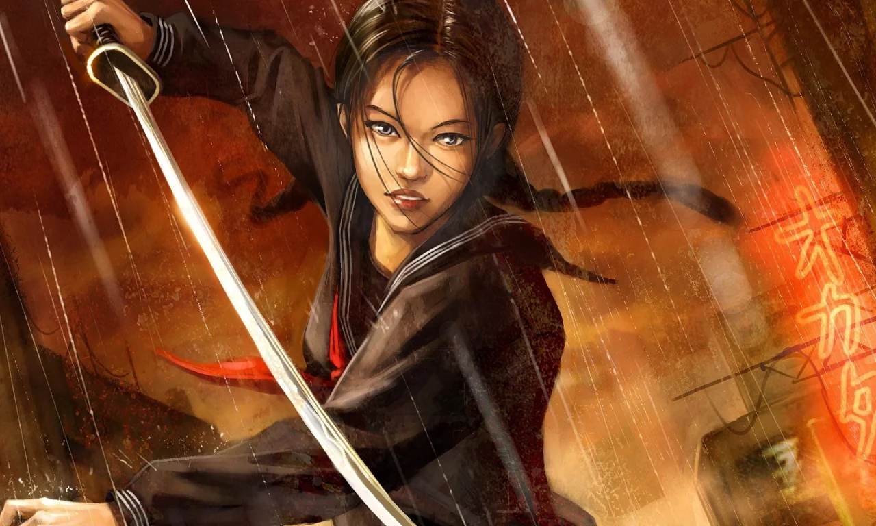 азиатка, chong fei giap, дождь, форма, blood the last vampire, арт, меч, девушка, город, катана, иероглифы