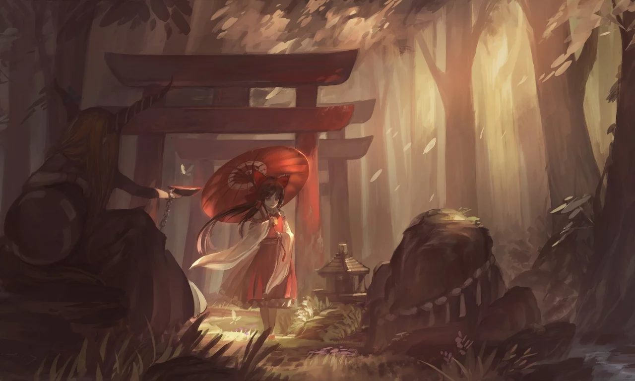 камни, бабочка, ibuki suika, лес, зонт, цепи, рога, ворота, пиала, девушки, touhou, рисунок, hakurei reimu