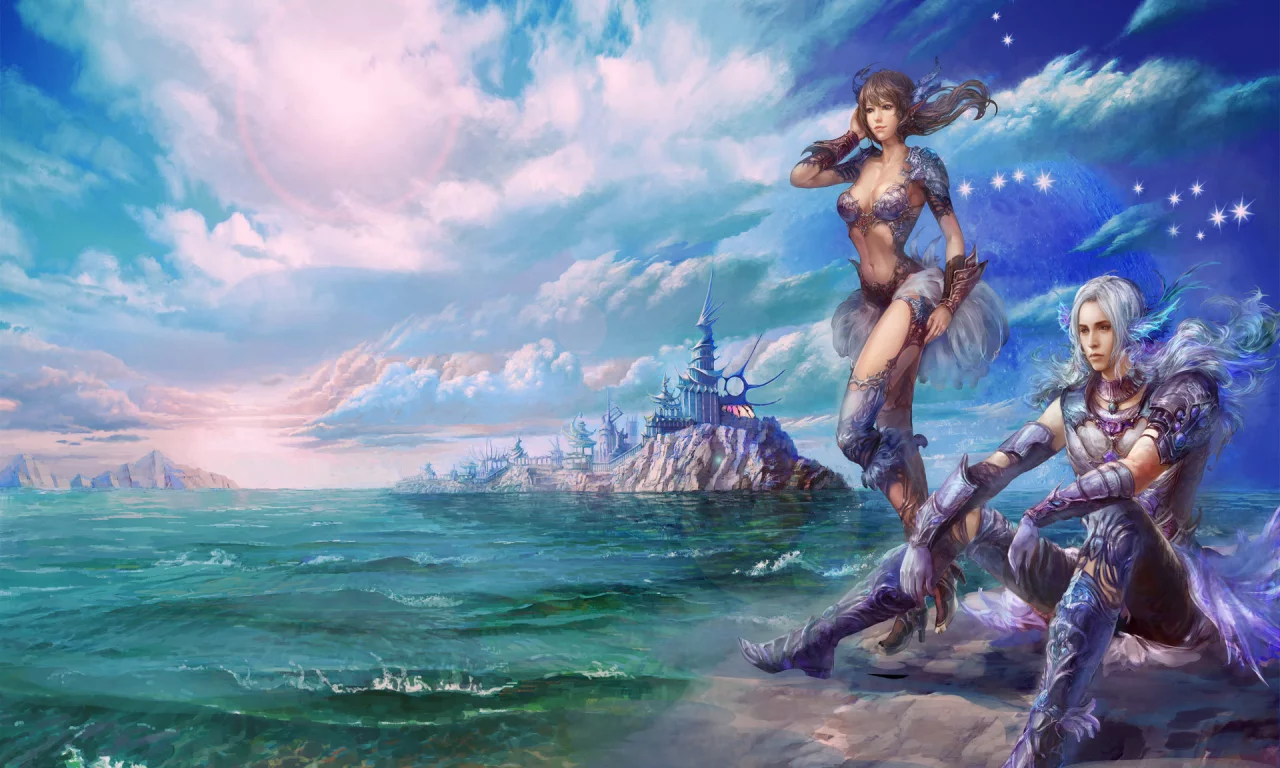 warriors, mmorpg, море, небо, облака, замок, fantasy, девушка, горы, доспехи, game wallpapers, фэнтези, perfect world, воин