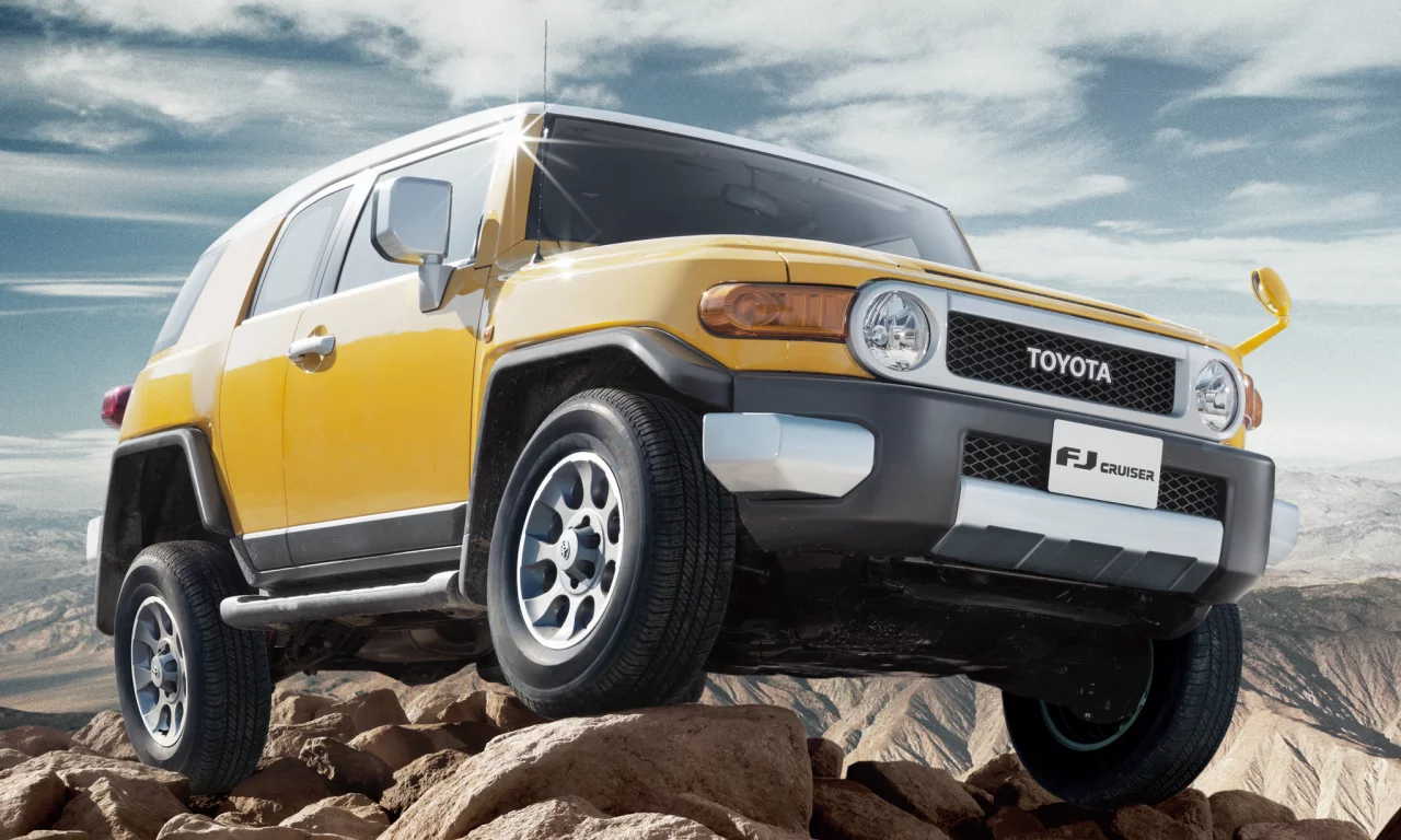 cruiser, небо, тойота, внедорожник, горы, fj, фж, джип, облака, toyota, крузер, желтый, скалы, камни