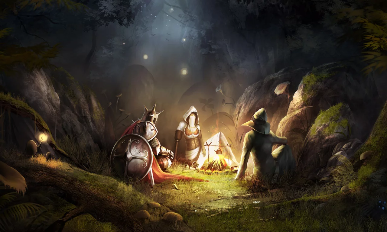 костер, воин, ночь, привал, щит, trine 2, лес