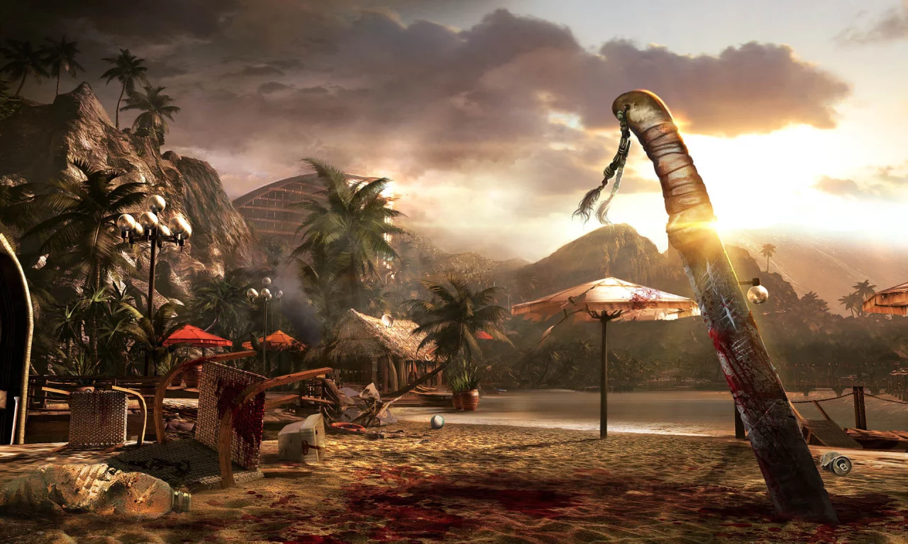 мачете, зонтики, пляж, пальмы, облака, горы, dead island, кровь, насечки, море
