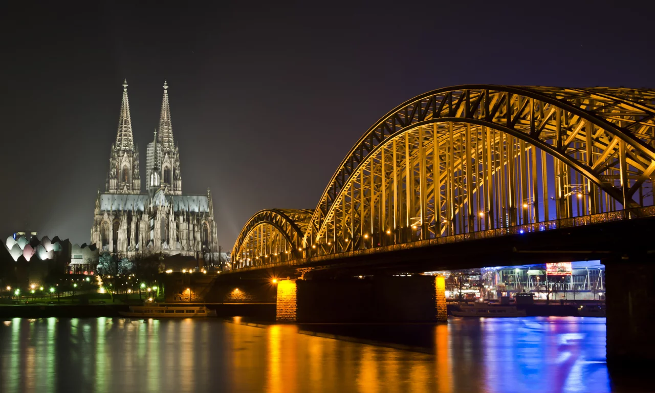 река, germany, огни, ночь, собор, мост, германия, cologne, rhine, кёльн