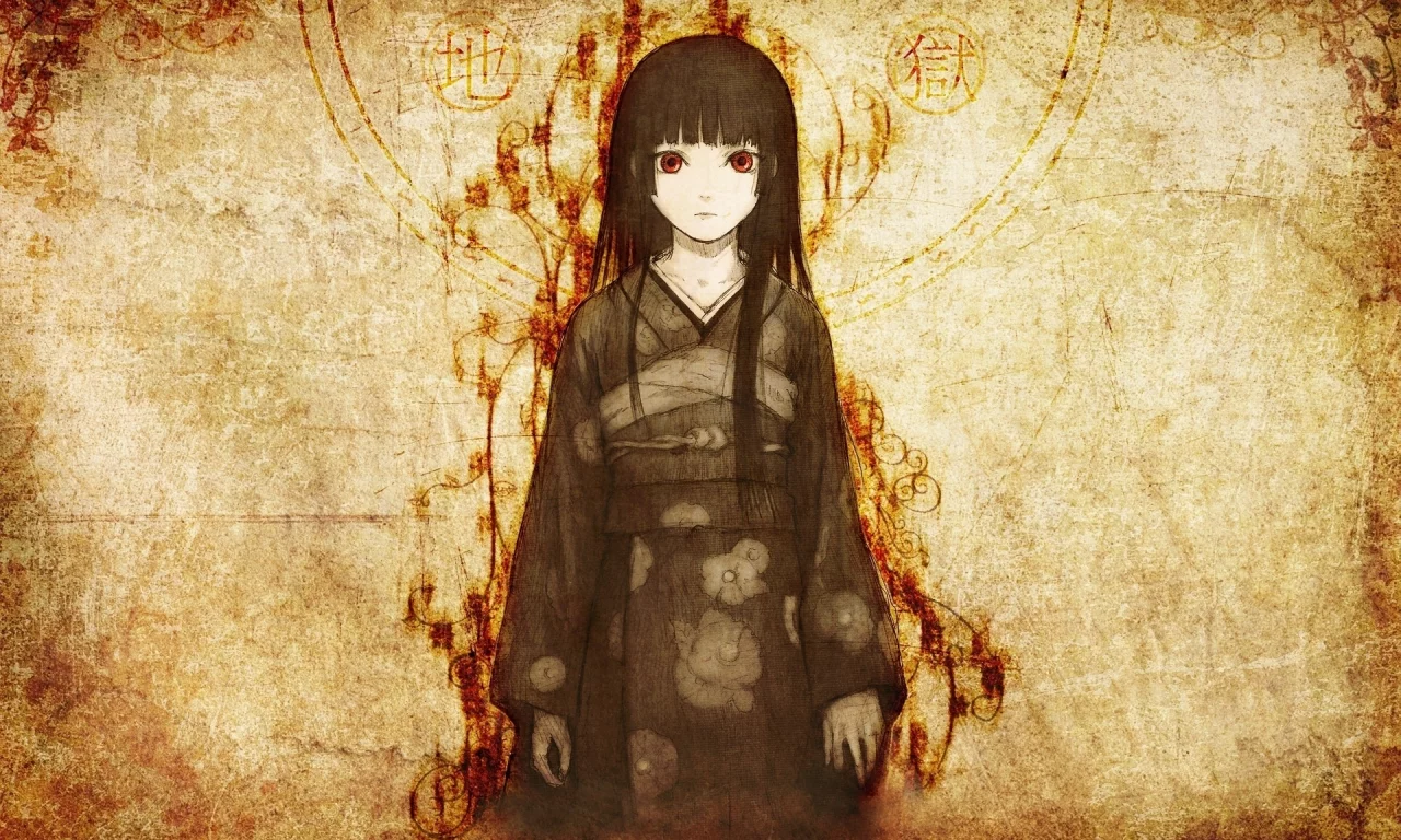 девушка, иероглифы, art, арт, jigoku shoujo, кимоно, enma ai,