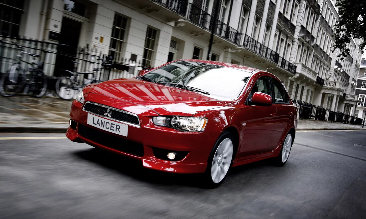 mitsubishi, улица, красный, sedan, x, здание, lancer, фасад, митсубиши