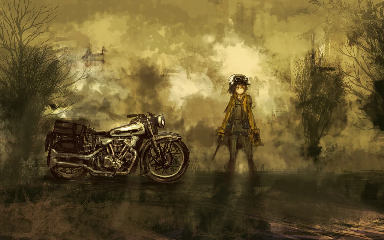 путешествие кино, kino no tabi, мотоцикл, аниме, арт, девушка, гермес