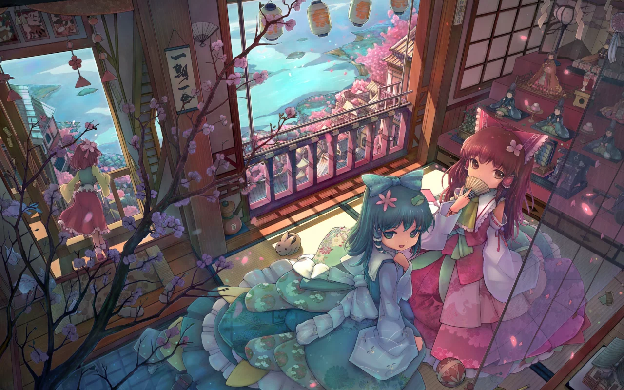 веер, сакура, фонари, девочки, дом, touhou, балкон, цветы, подруги, комната