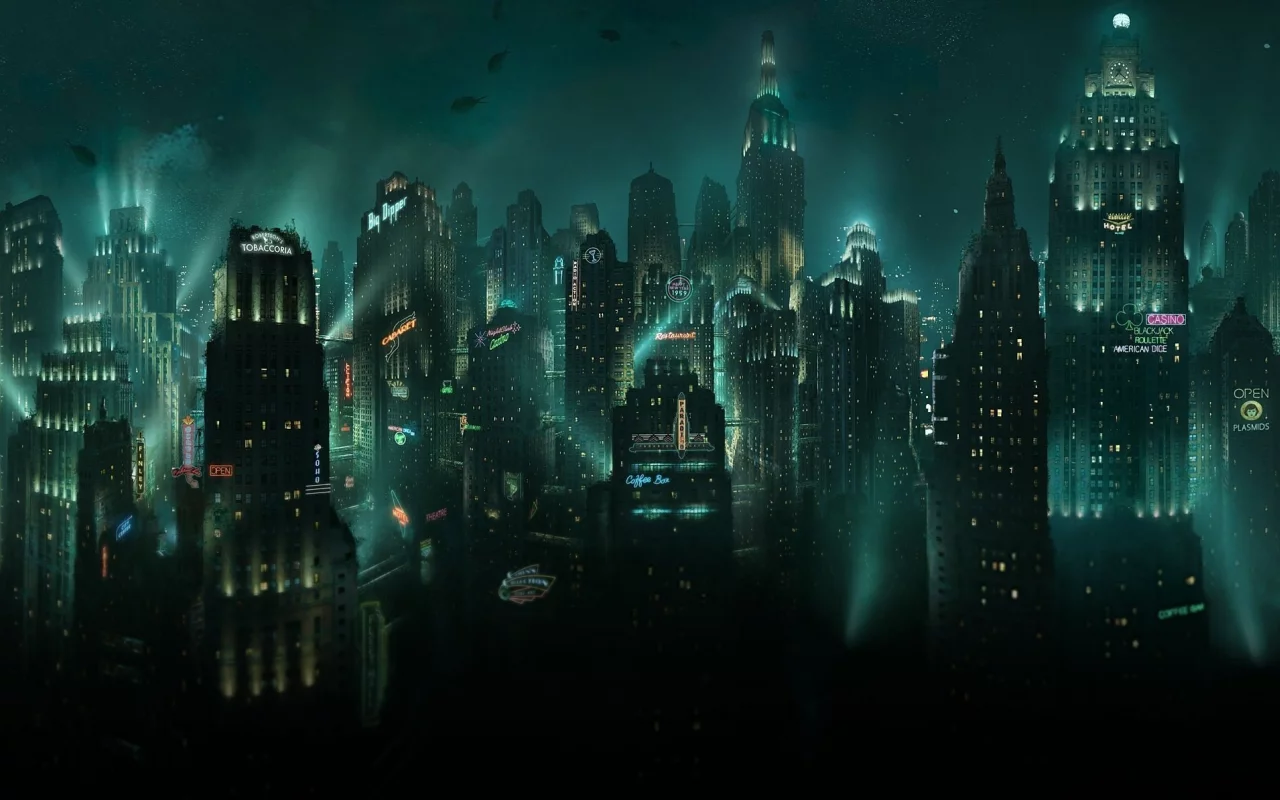 рыбы, небоскребы, подводный, восторг, город, вывески, bioshock, огни
