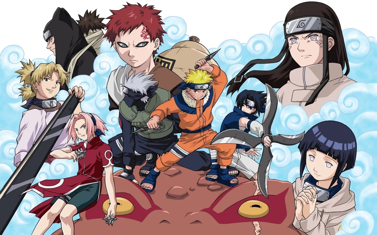 naruto, kankuro, hinata, nedji, gara, sakura, temari, kakashi, saske