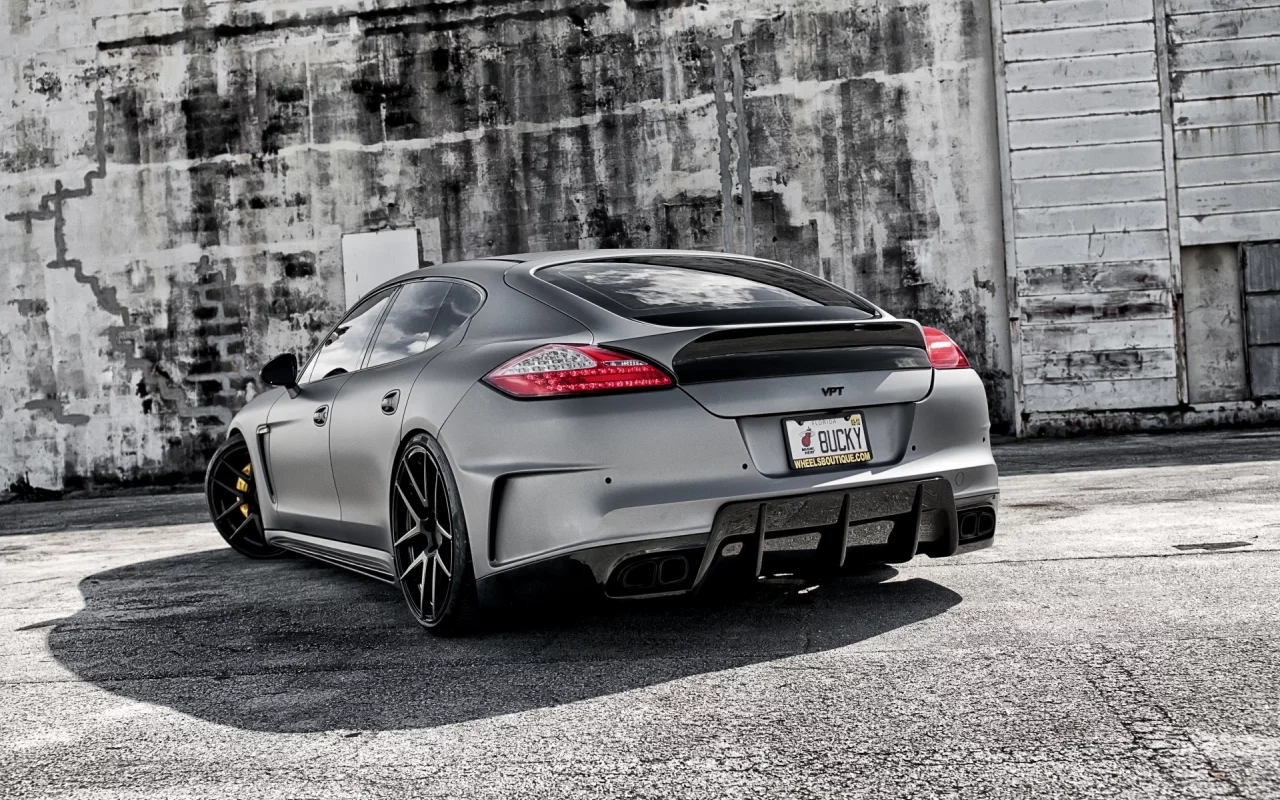 panamera, порше, серый, стена, панамера, porsche, тюнинг, turbo, турбо, суперседан, tuning, задняя часть