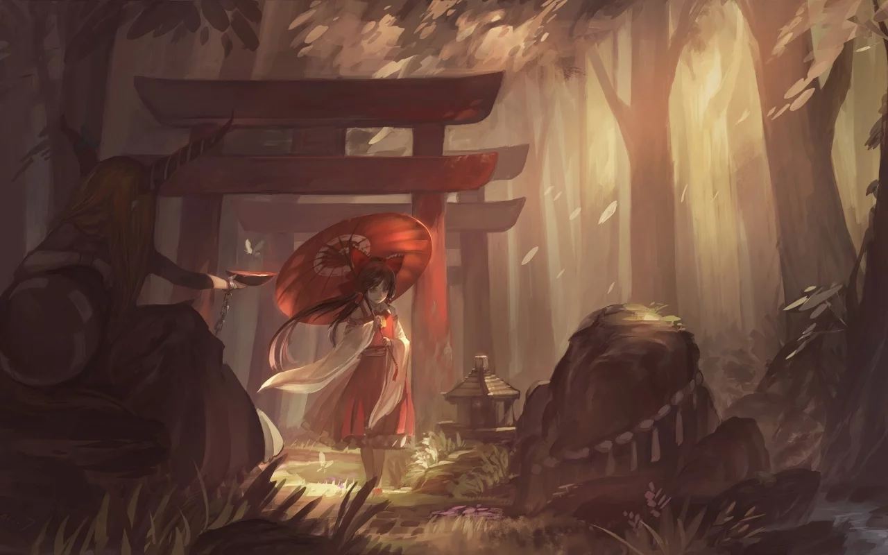 камни, бабочка, ibuki suika, лес, зонт, цепи, рога, ворота, пиала, девушки, touhou, рисунок, hakurei reimu