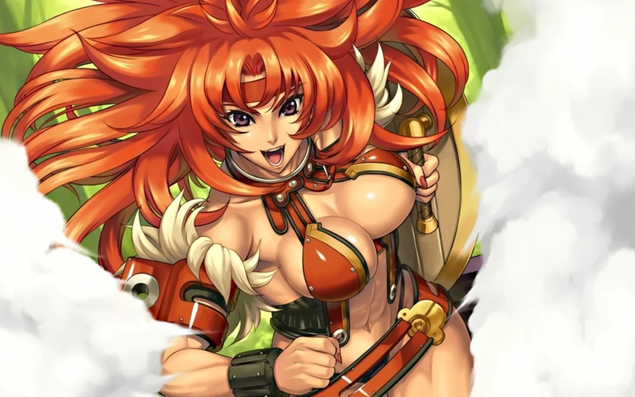 девушка, грудь, улыбка, рыжая, queens blade, сиськи, меч