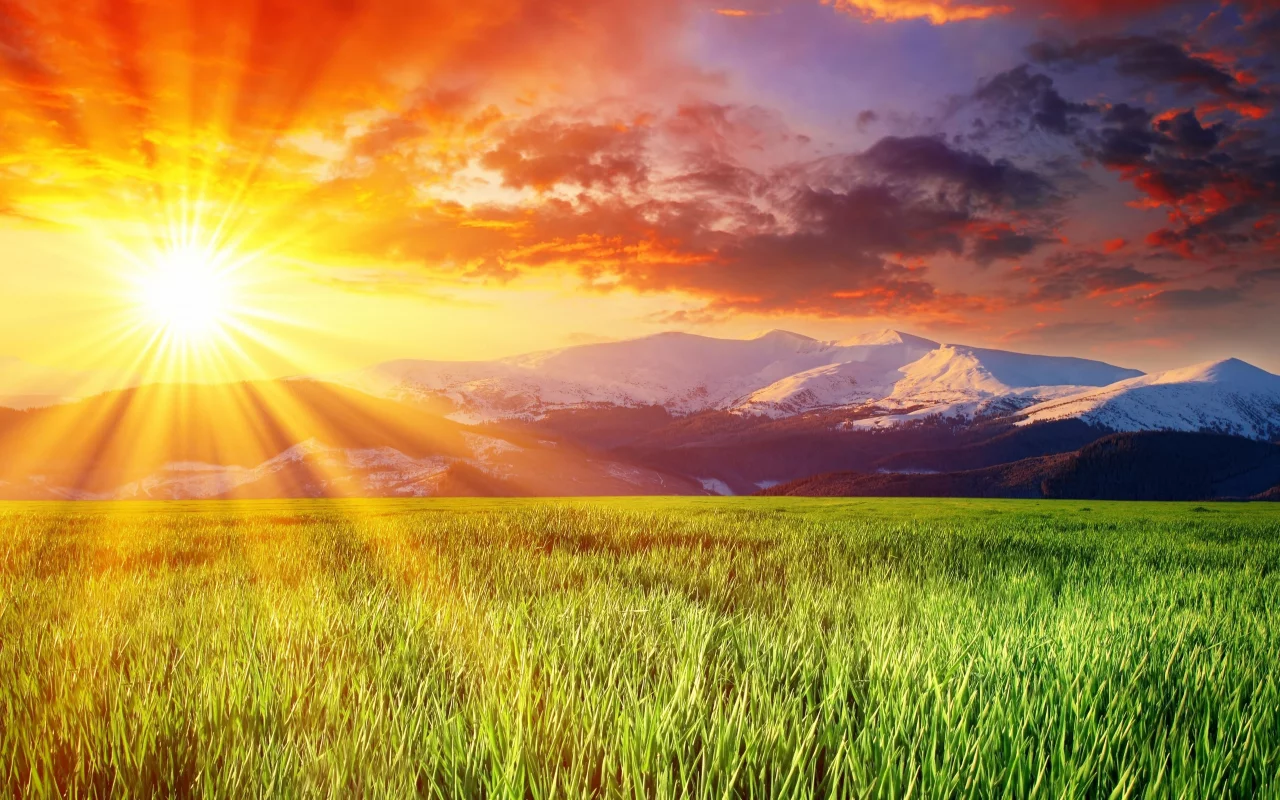 зелёный, красивое, заснеженные, луг, солнце, splendid landscape, ослепительное, небо, облака, горы