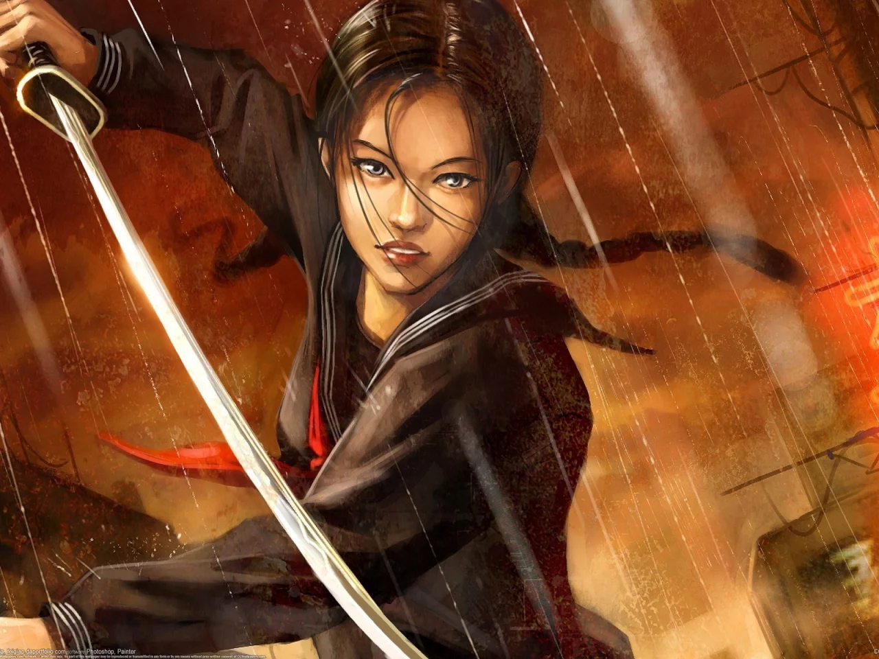 азиатка, chong fei giap, дождь, форма, blood the last vampire, арт, меч, девушка, город, катана, иероглифы