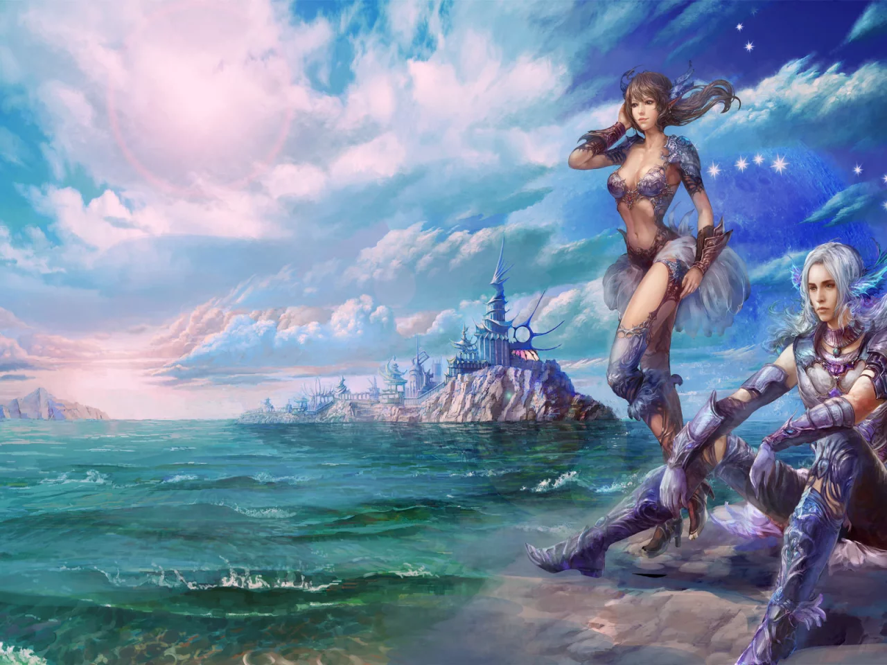 warriors, mmorpg, море, небо, облака, замок, fantasy, девушка, горы, доспехи, game wallpapers, фэнтези, perfect world, воин