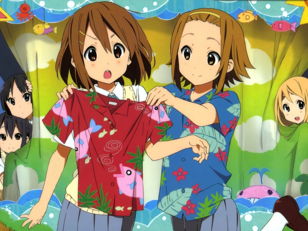 k-on, футболки, адзуса, мио, юи, муги, примерка, ритсу