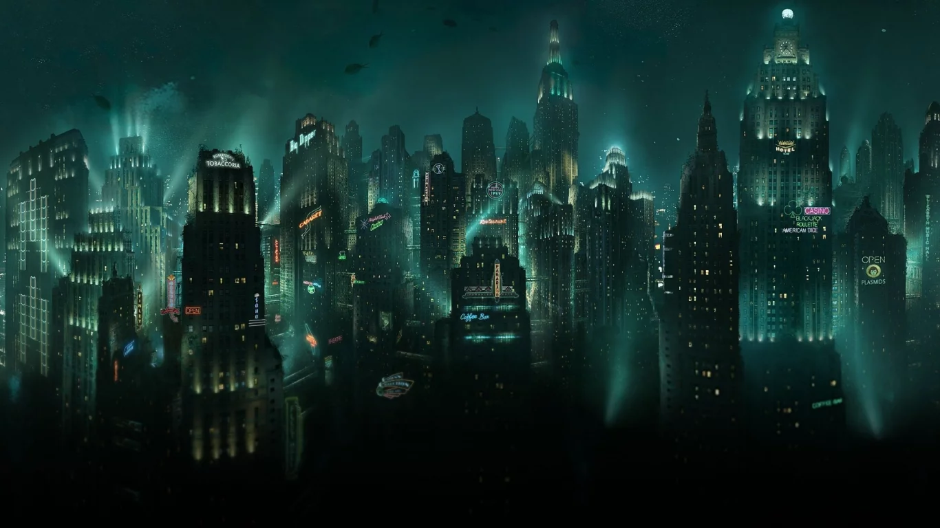 рыбы, небоскребы, подводный, восторг, город, вывески, bioshock, огни