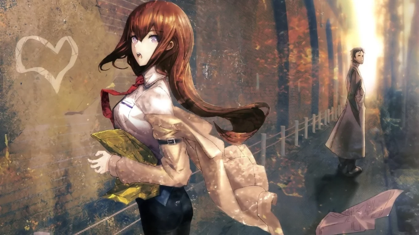 город, makise kurisu, парень, заборчик, сердечко, steins gate, девушка, стена, арт, okabe rintarou