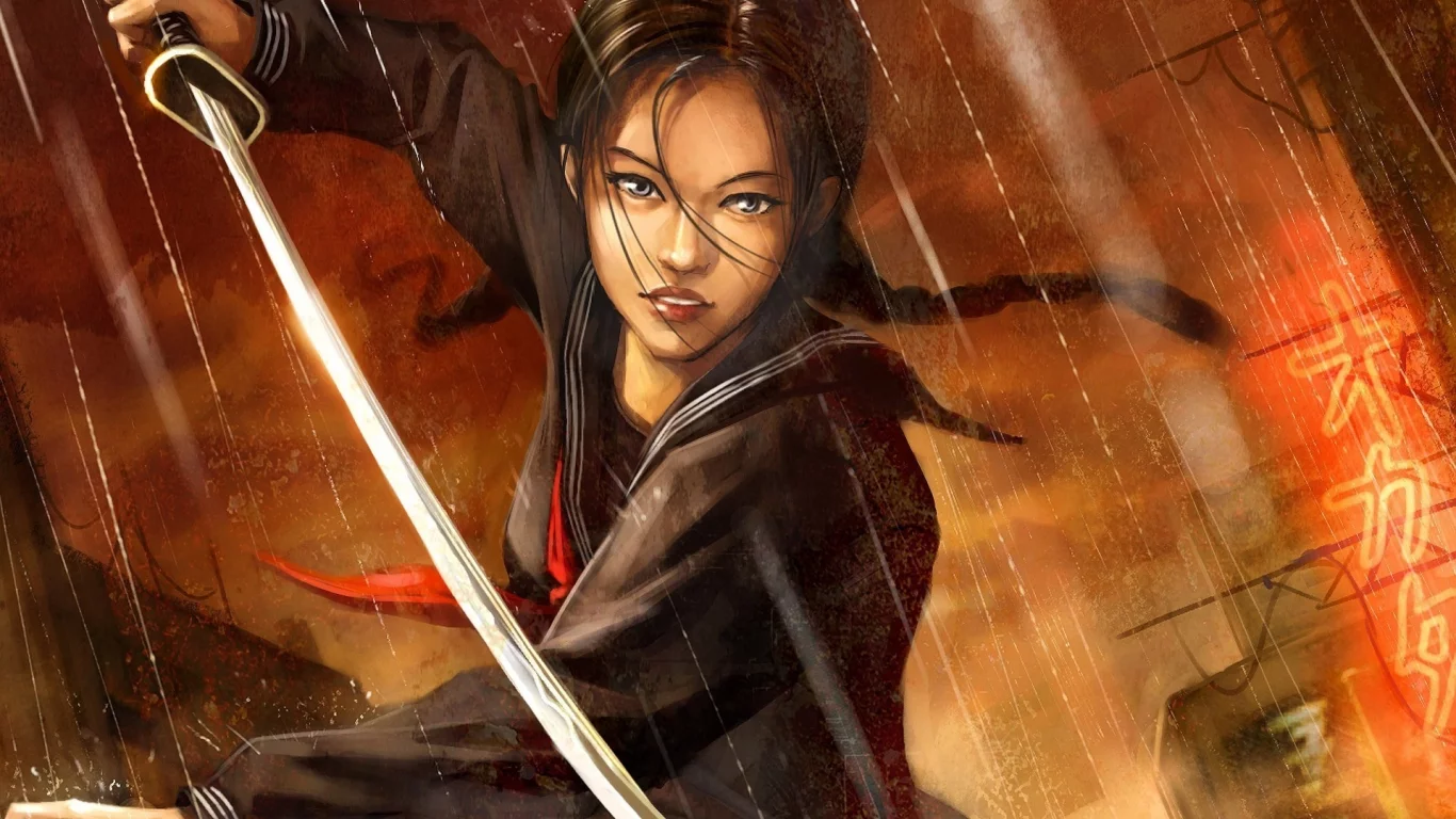 азиатка, chong fei giap, дождь, форма, blood the last vampire, арт, меч, девушка, город, катана, иероглифы
