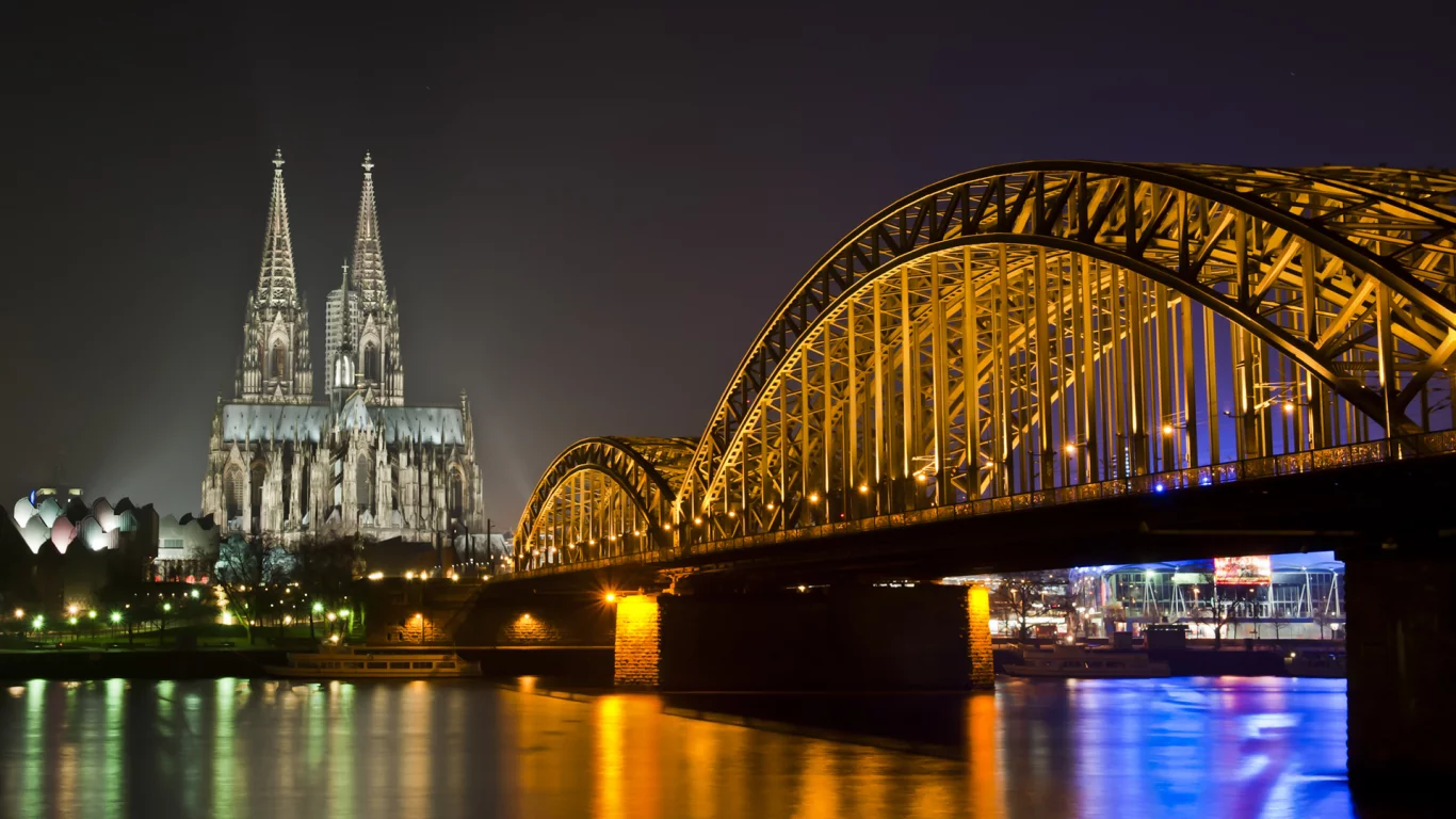 река, germany, огни, ночь, собор, мост, германия, cologne, rhine, кёльн