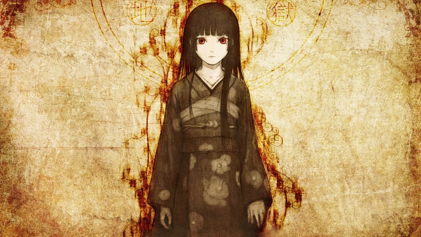 девушка, иероглифы, art, арт, jigoku shoujo, кимоно, enma ai,