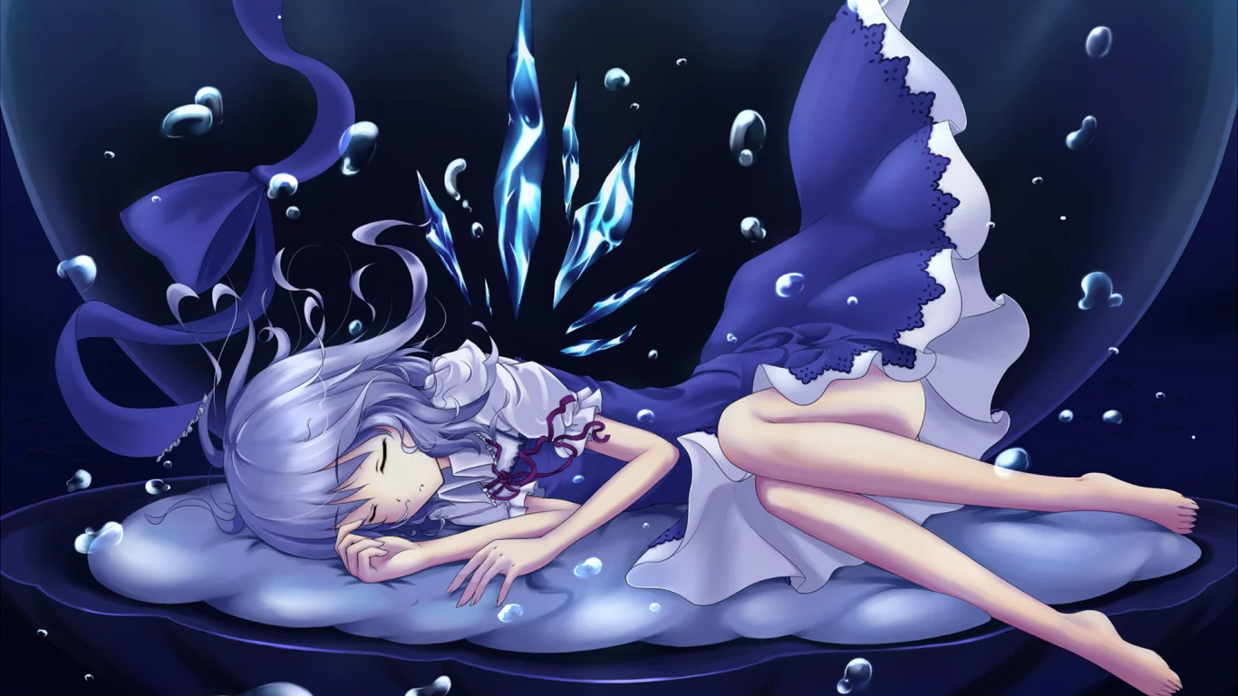touhou, сырно, девушка, девушка, cirno, платье, тохо, спит