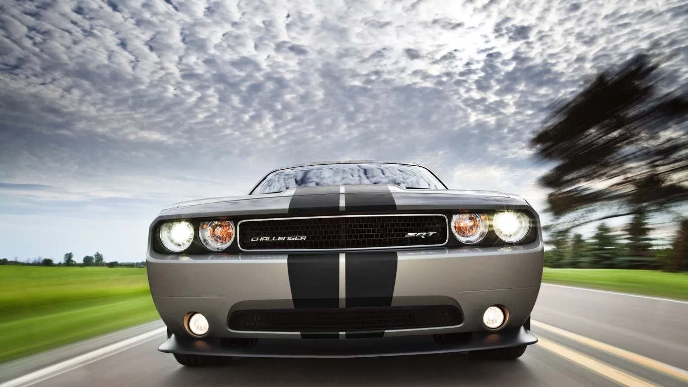 challenger, облака, фары, бампер, небо, размытие, скорость, srt8, dodge, додж, дорога