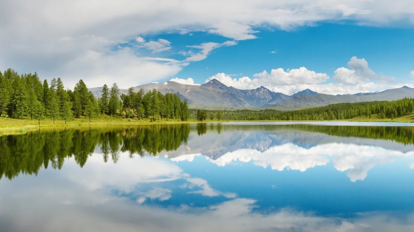 вода, горы, отражение, небо, облака, деревья