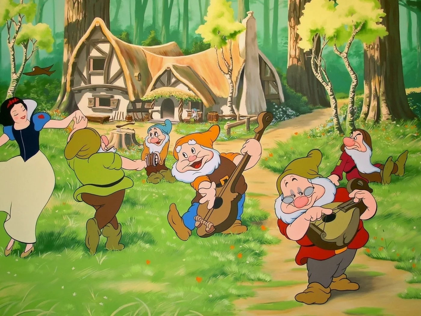 танцы, disney, лес, дисней, дом, белоснежка и семь гномов, мультфильм