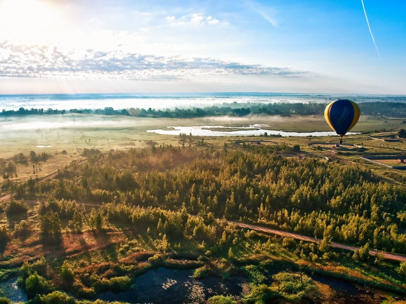 дорога, солнце, воздушный шар, небо, вид, облака, лес