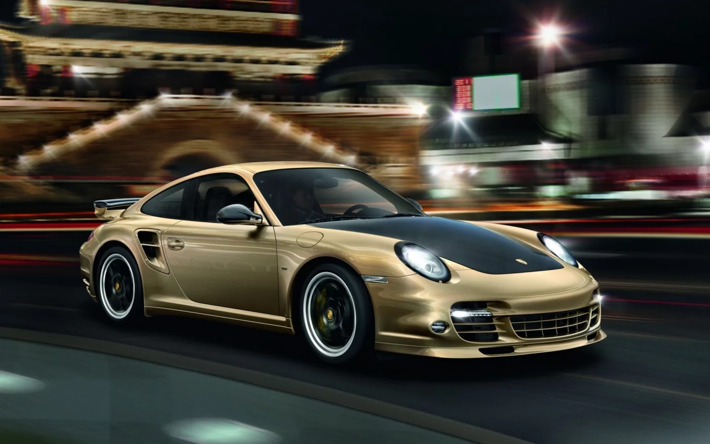 суперкар, turbo s, огни ночного города, золотого цвета, порше, турбо с, 10 year anniversary edition, юбилейная версия, 911, porsche, китайкий храм