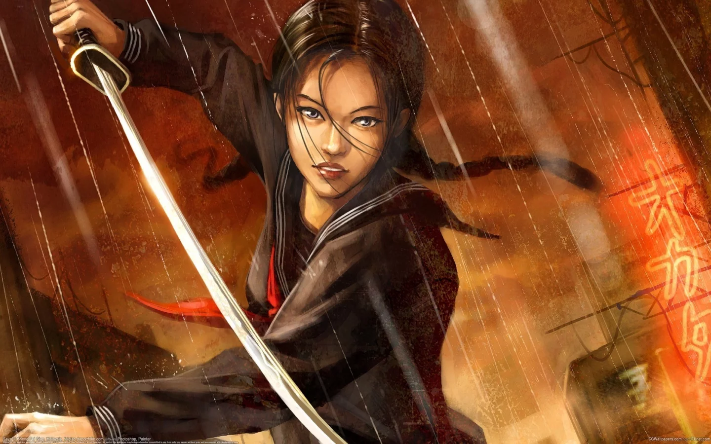 азиатка, chong fei giap, дождь, форма, blood the last vampire, арт, меч, девушка, город, катана, иероглифы