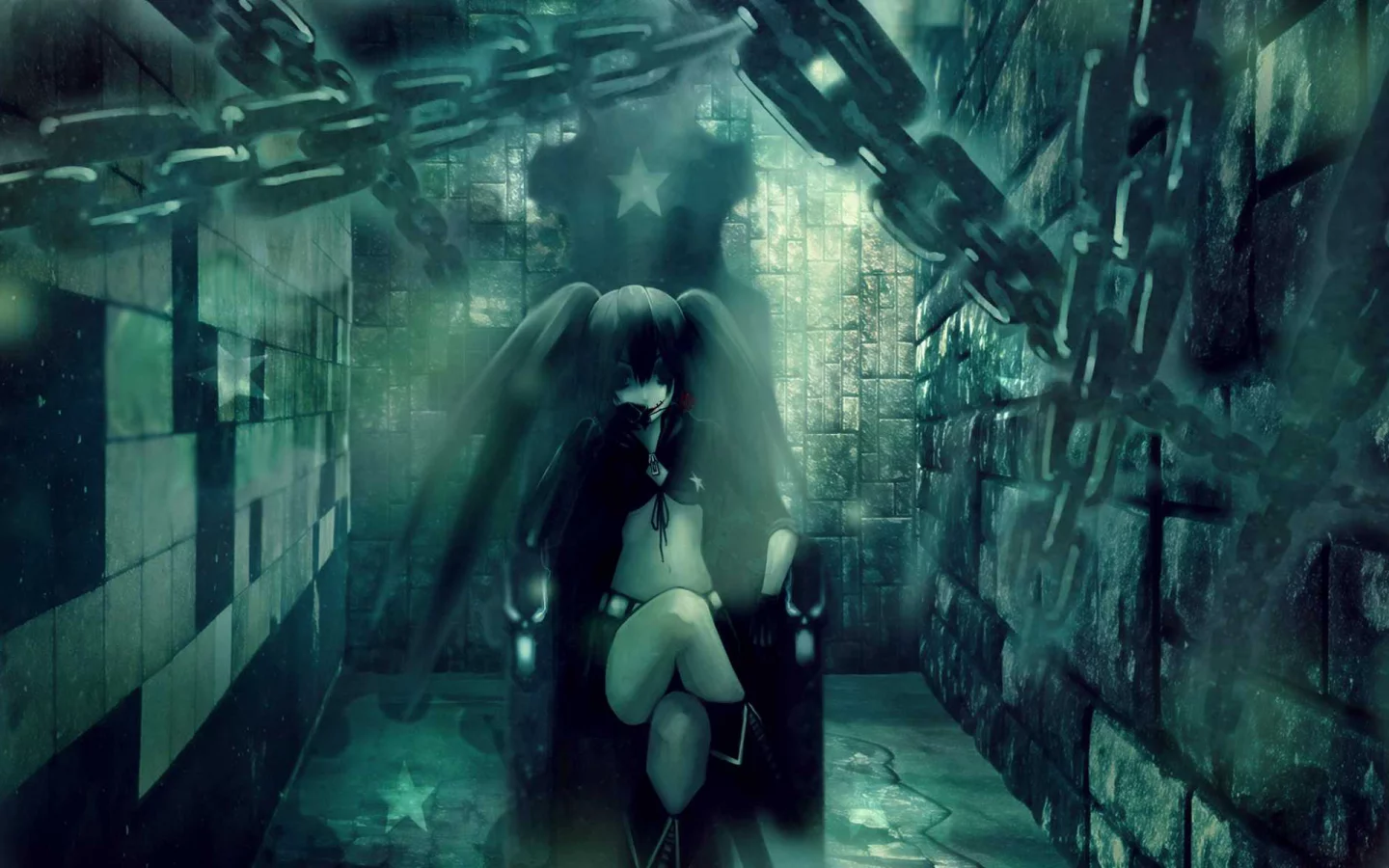 стены, кресло, девушка, звезды, black rock shooter, цепи