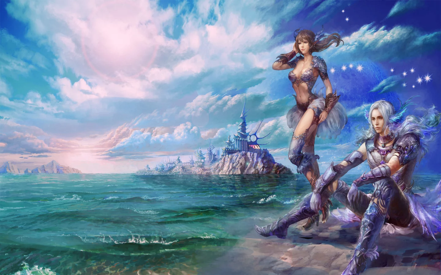 warriors, mmorpg, море, небо, облака, замок, fantasy, девушка, горы, доспехи, game wallpapers, фэнтези, perfect world, воин