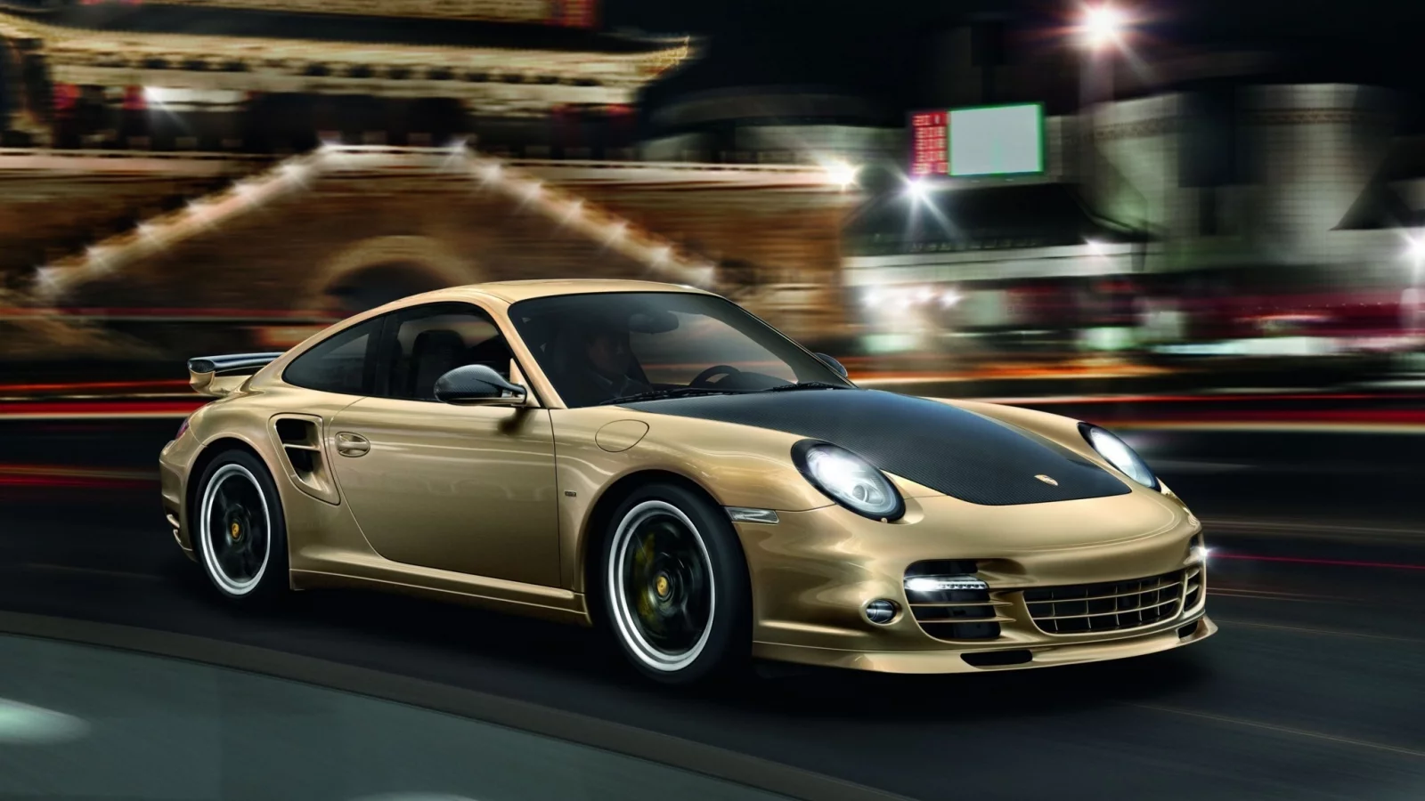 суперкар, turbo s, огни ночного города, золотого цвета, порше, турбо с, 10 year anniversary edition, юбилейная версия, 911, porsche, китайкий храм