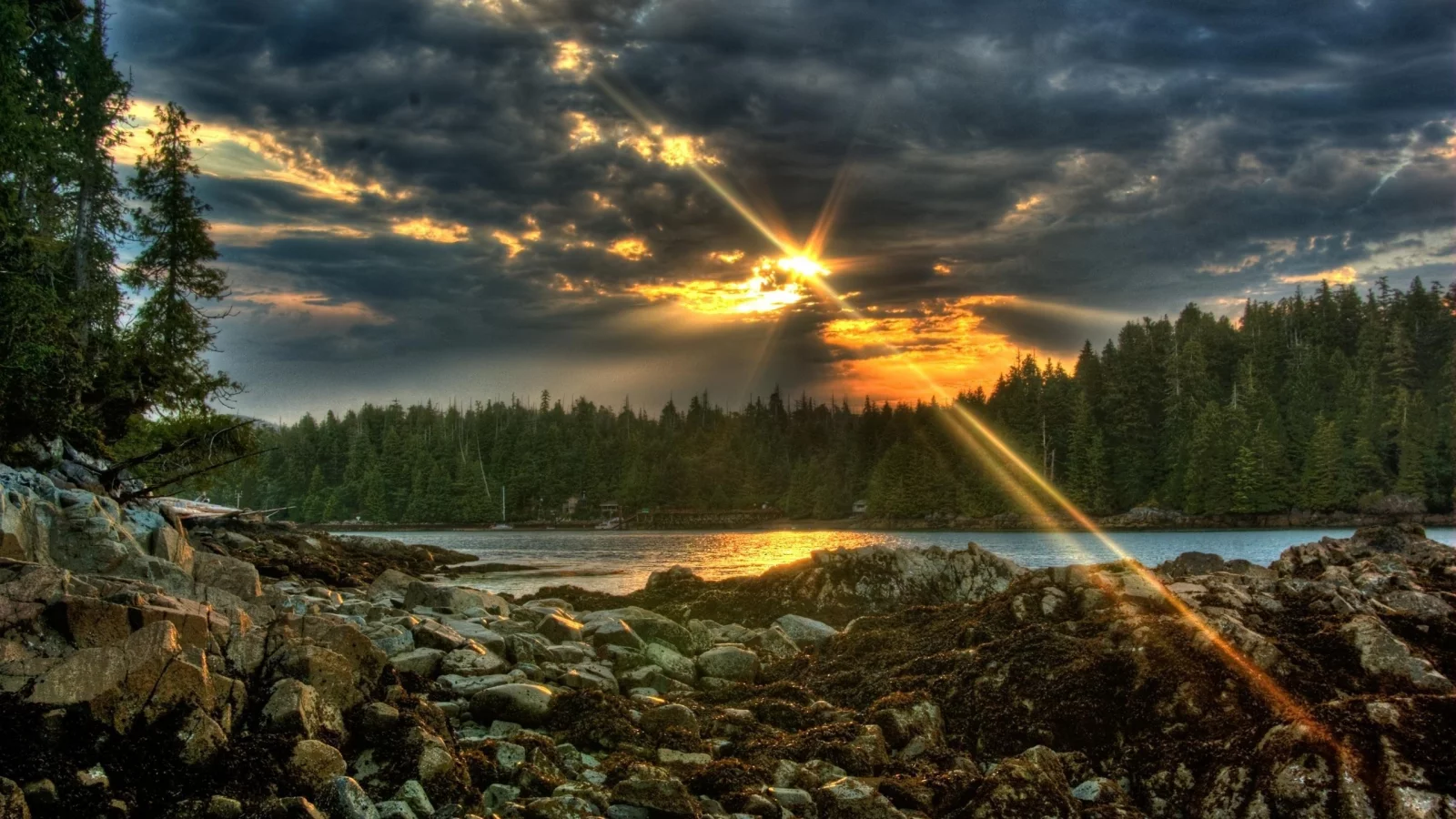 река, камни, небо, лес, закат, sunset