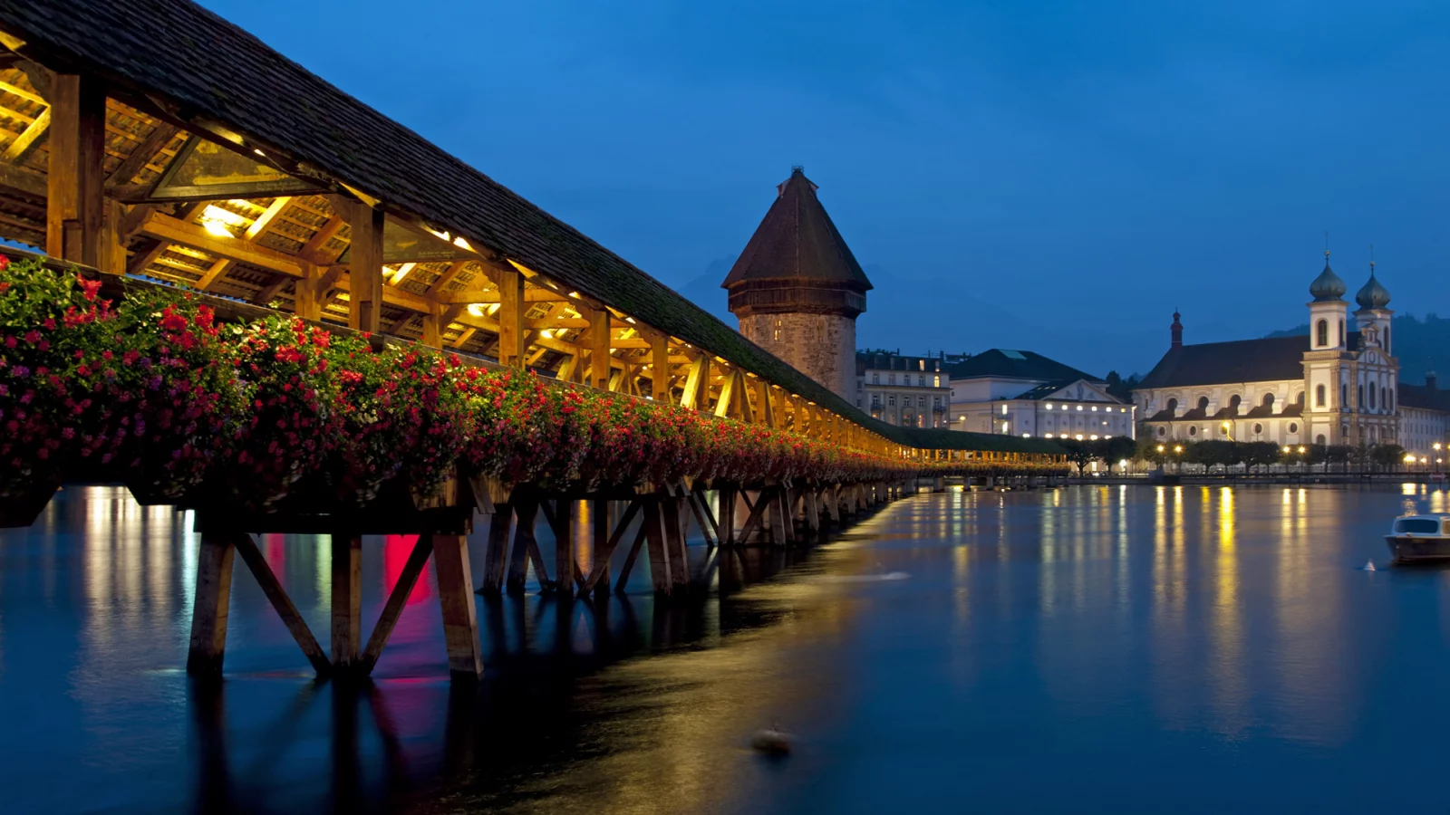 lucerne, chapel bridge, switzerland, огни, вечер, мост