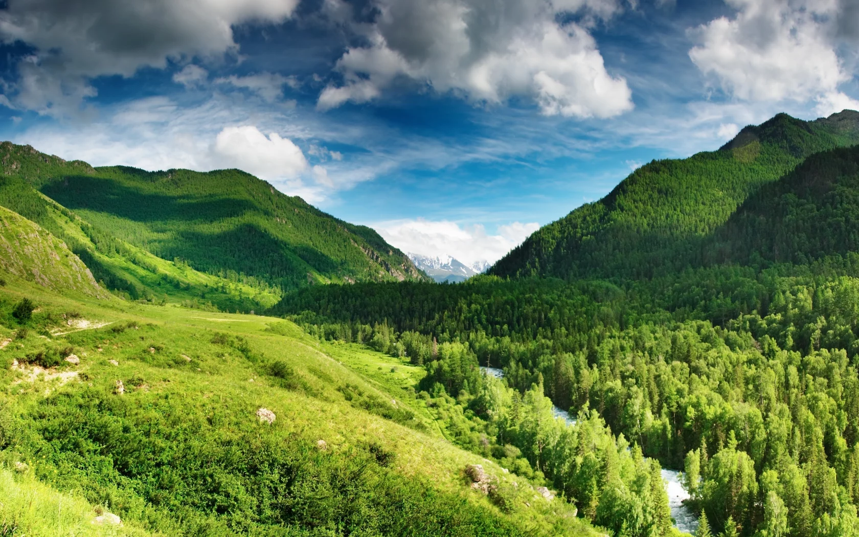 река, лес, небо, горы, голубое, green highlands, облака