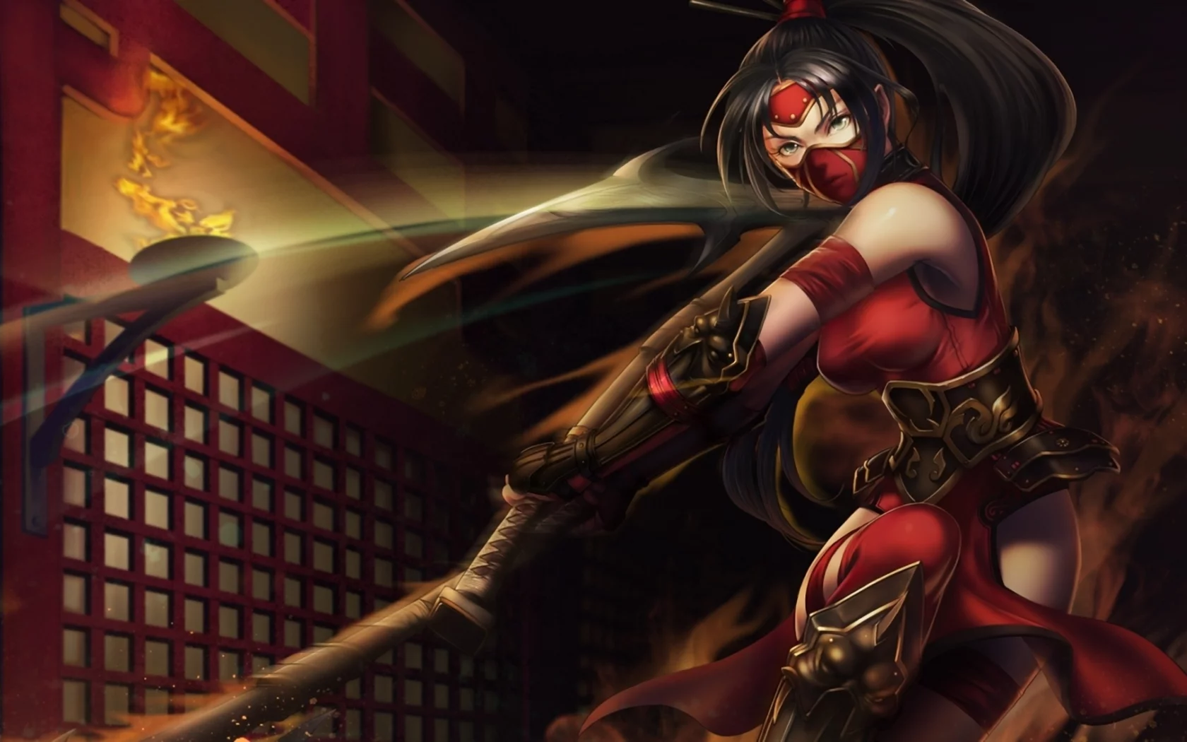 девушка, akali, оружие, league of legends, повязка, движение, топор
