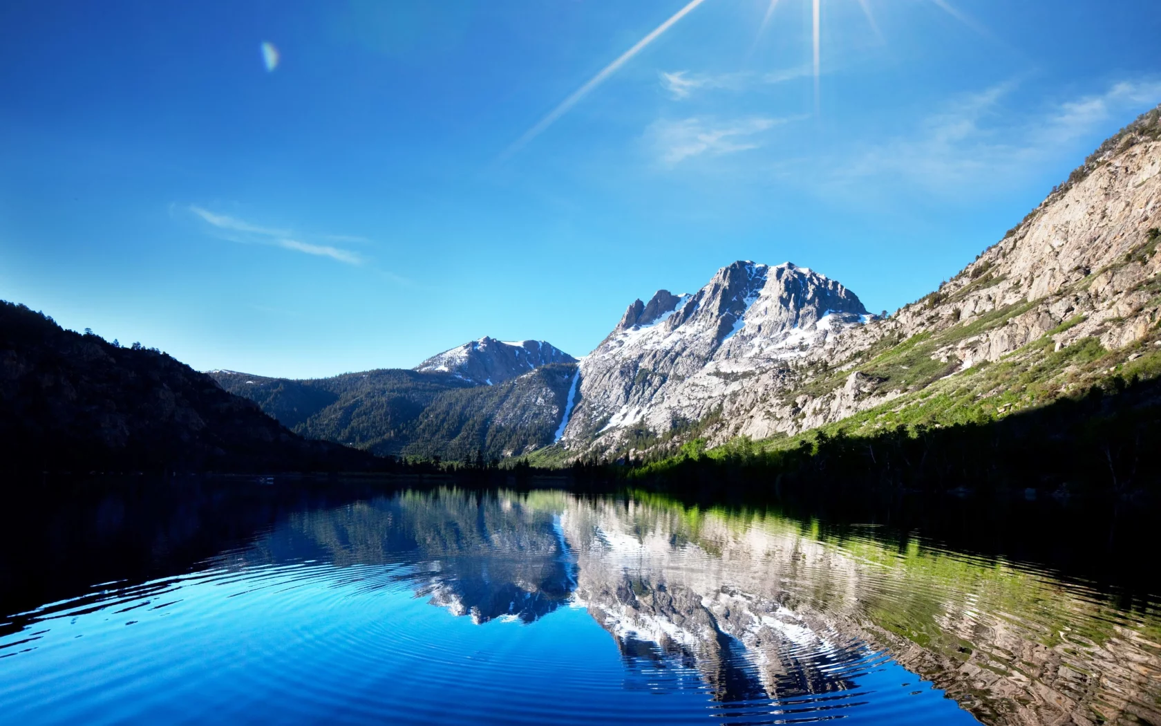 горы, пейзаж, солнце, небо, perfect highlands, ослепительное, голубое, отражение, lake mirror, озеро