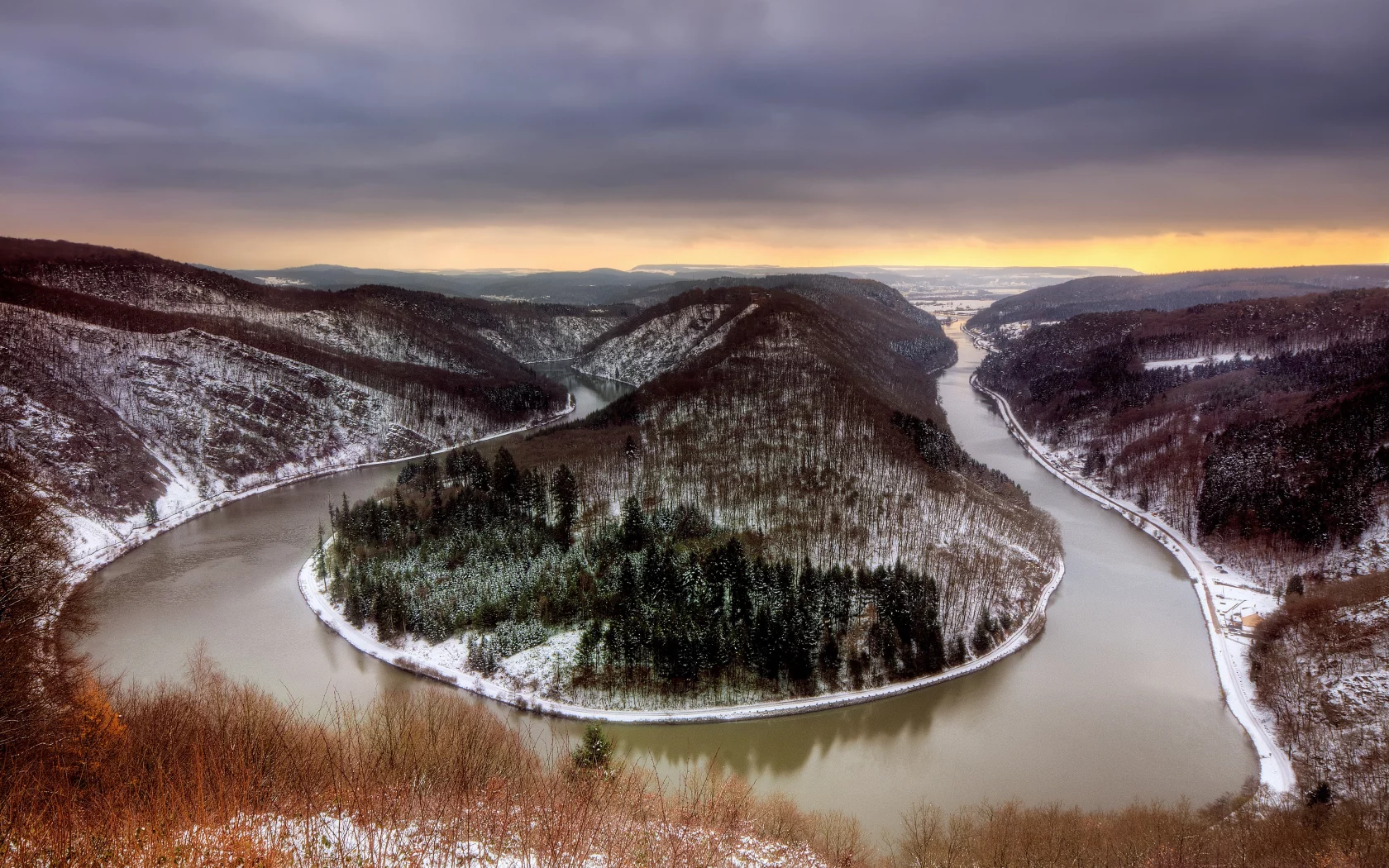холод, европа, зима, снег, осень, метлах, саар, облака, мороз, германия, изгиб, облачно, река