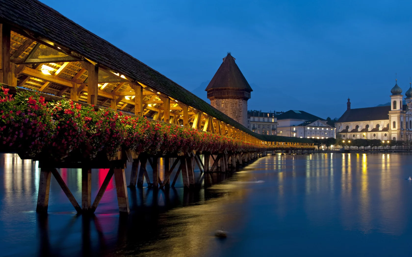 lucerne, chapel bridge, switzerland, огни, вечер, мост