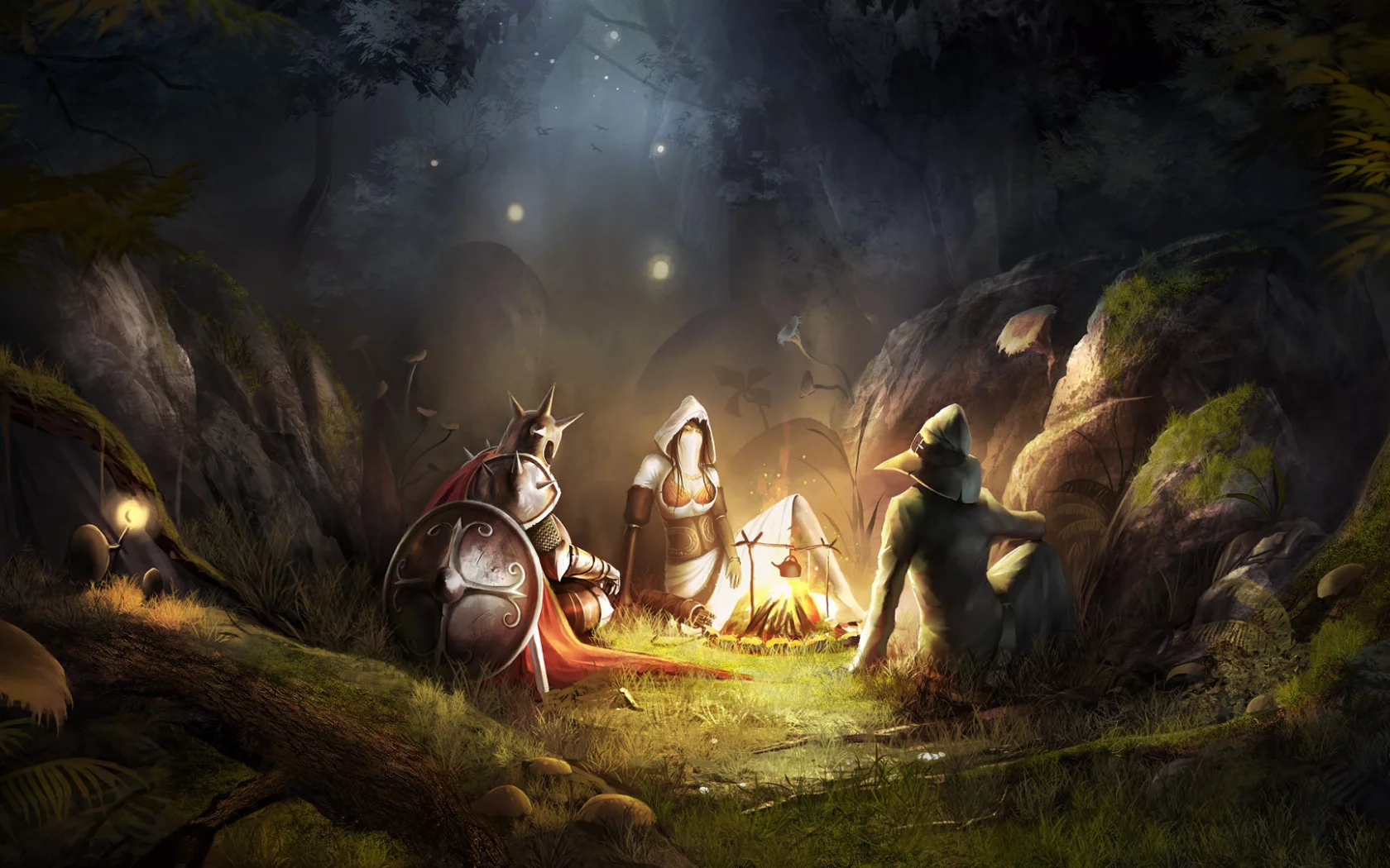 костер, воин, ночь, привал, щит, trine 2, лес