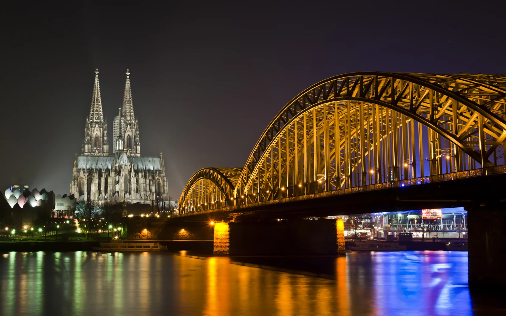 река, germany, огни, ночь, собор, мост, германия, cologne, rhine, кёльн
