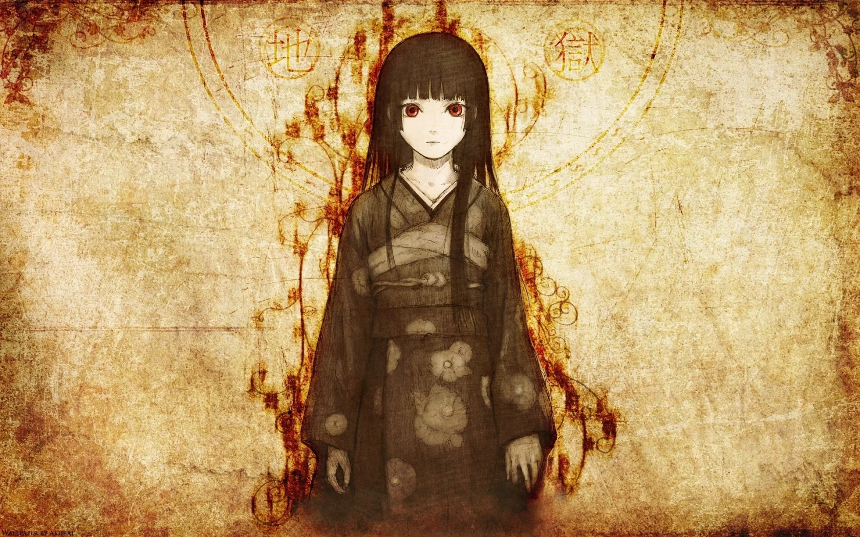 девушка, иероглифы, art, арт, jigoku shoujo, кимоно, enma ai,