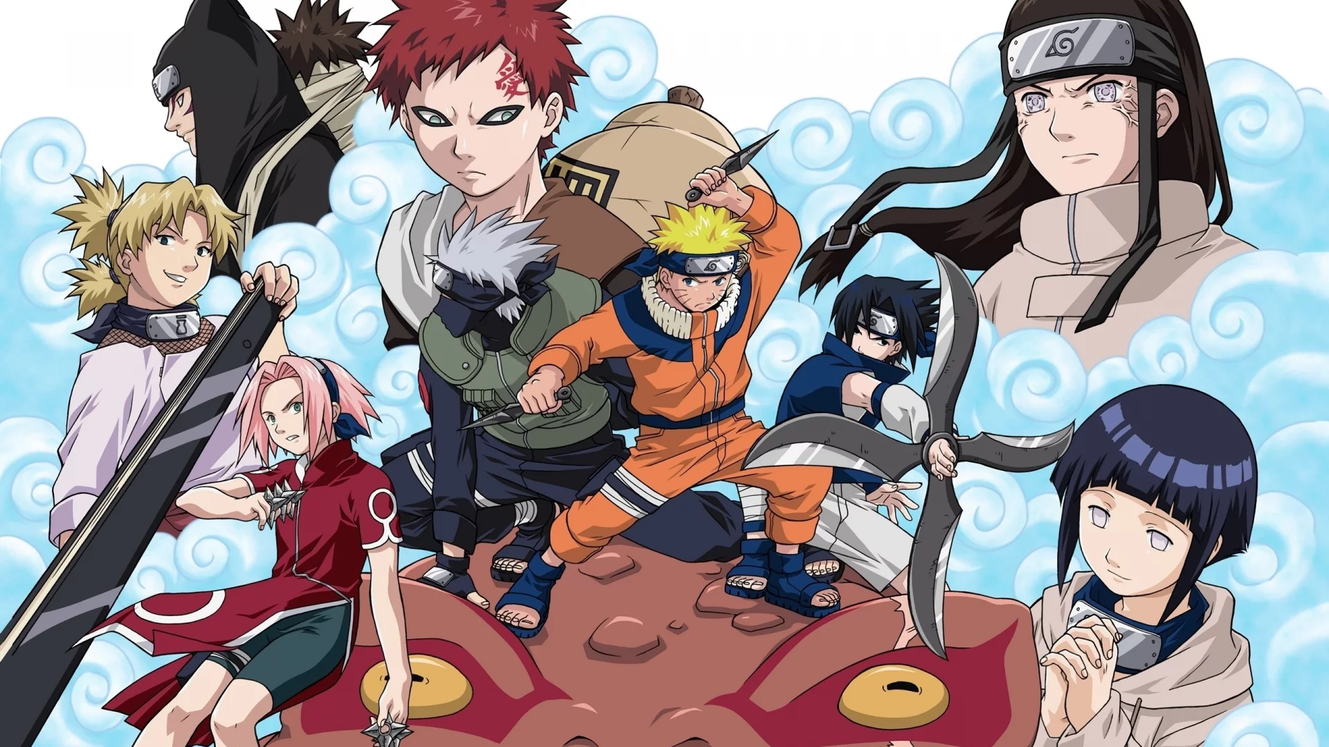 naruto, kankuro, hinata, nedji, gara, sakura, temari, kakashi, saske